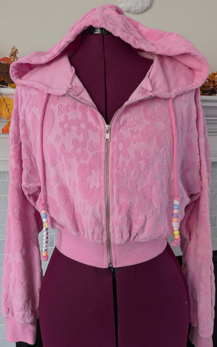 Forever 21 Barbie Hot Pink Terry Zip Hoodie Beaded Drawstrings XS Barbiecore Y2K